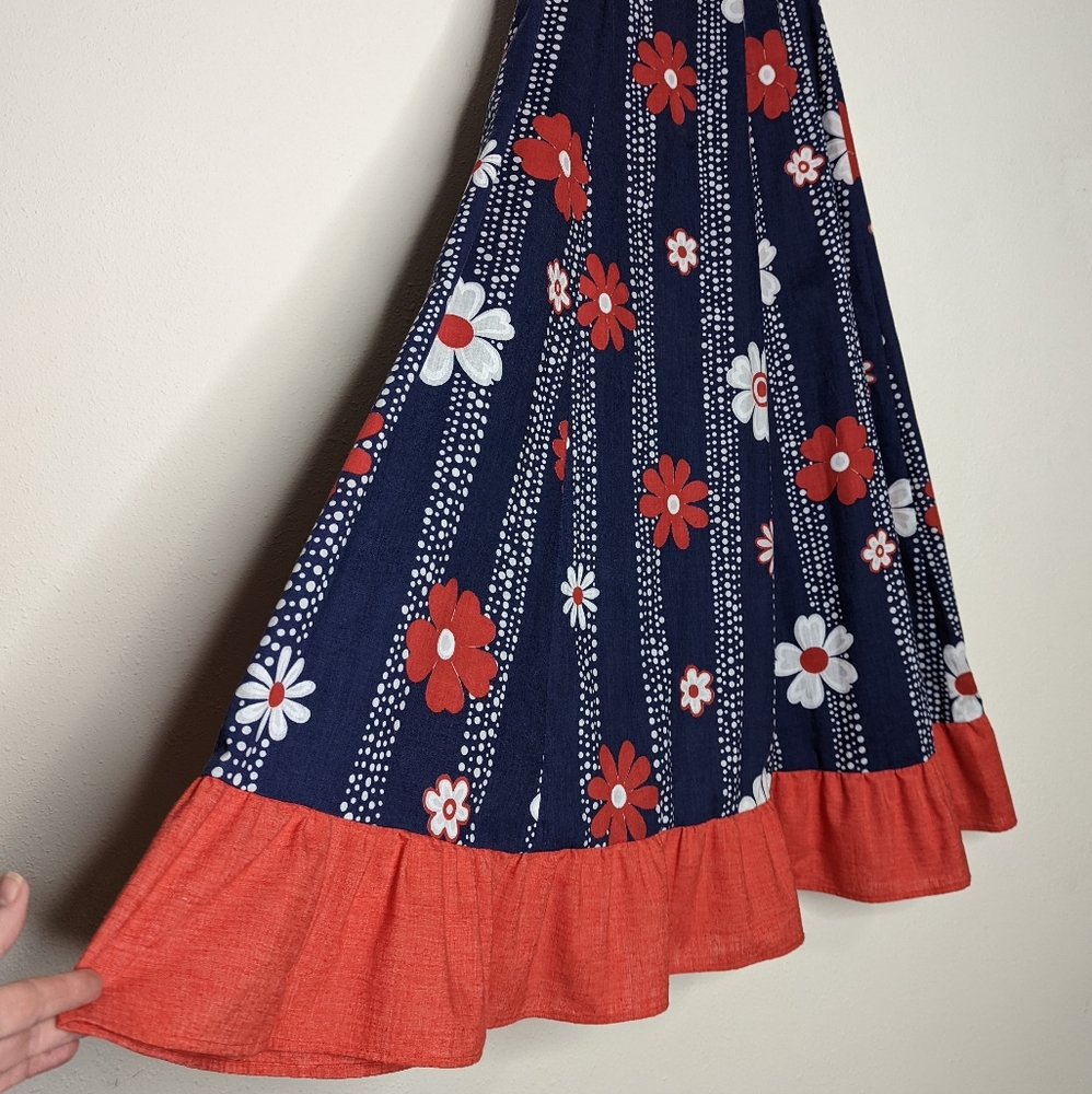 Vintage 70s Handmade Red White Blue Flower Power Maxi Skirt - Picture 5 of 10